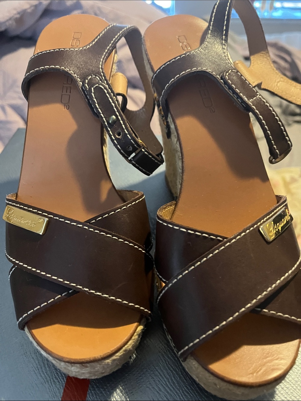 DSQUARED2 Dark Brown Leather Espadrille Wedge Sandals